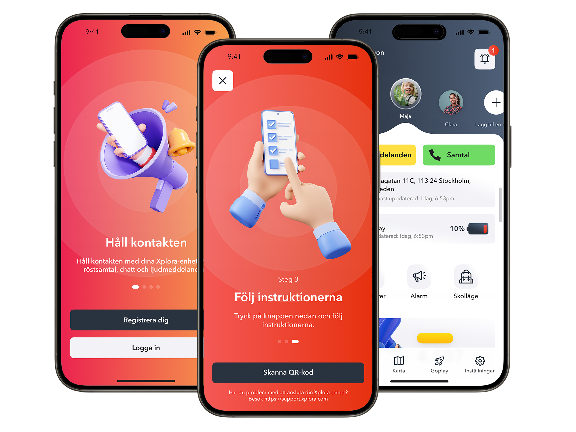 Tre smartphones som visar Xplora-appens onboarding på svenska, med steg för registrering, QR-kodskanning och anslutning av Xplora-klocka för barn.