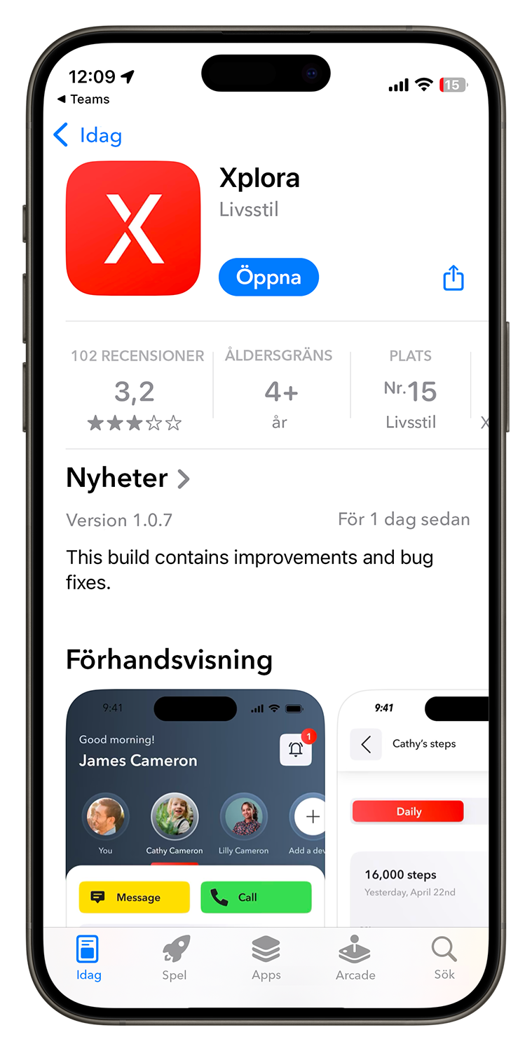 Xplora-appen visad i App Store på iPhone, redo att öppnas eller laddas ner för att hantera barns GPS-klocka och abonnemang.