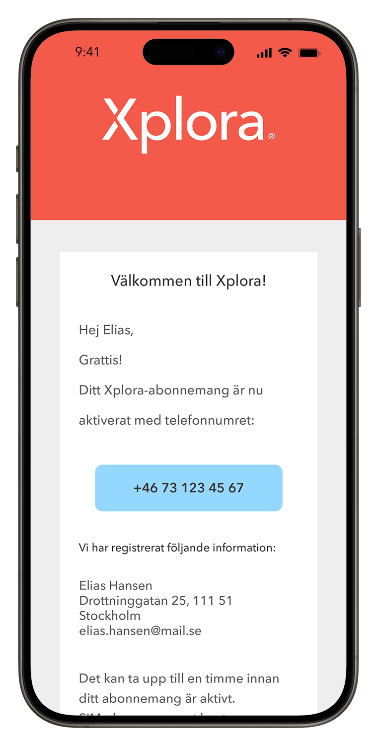 E-postbekräftelse från Xplora som visar aktivering av abonnemang och tilldelat telefonnummer för barnets Xplora-klocka.