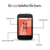 Xplora One-telefon mot vit bakgrund med markeringar: inget internet, inga sociala medier, inga