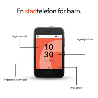 Xplora One-telefon mot vit bakgrund med markeringar: inget internet, inga sociala medier, inga