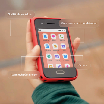 Närbild av en hand som håller en röd Xplora One-telefon med markeringar för godkända kontakter, säkra samtal och meddelanden, alarm och påminnelser samt kamera.