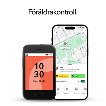 Xplora One-telefon och kartvy i Xplora Guardian-appen mot vit bakgrund; hanteras av förälder.