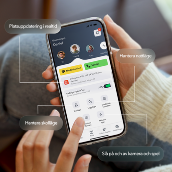 Person använder en mobil med Xplora Guardian-appen; markeringar för platsuppdatering i realtid, hantera skolläge, hantera nattläge samt slå på och av kamera och spel.