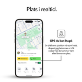 Kartvy i Xplora Guardian-appen mot vit bakgrund; plats i realtid och GPS du kan lita på.