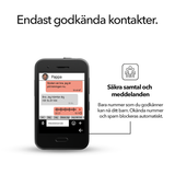 Meddelandevy på Xplora One-telefon mot vit bakgrund; endast godkända kontakter och säkra samtal och meddelanden.