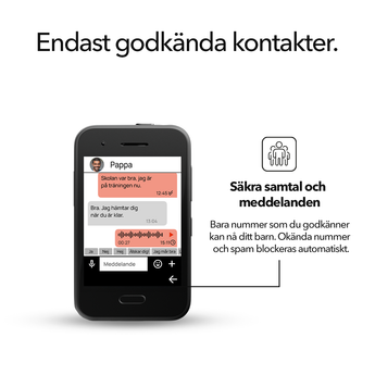 Meddelandevy på Xplora One-telefon mot vit bakgrund; endast godkända kontakter och säkra samtal och meddelanden.