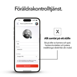Skärmbild av Xplora Guardian-appen mot vit bakgrund; föräldrakontrolltjänst för att hantera kontakter och justera inställningar.