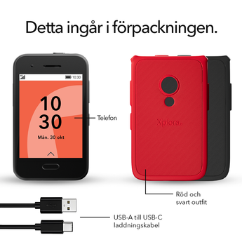 Detta ingår i förpackningen mot vit bakgrund: Xplora One-telefon, rött och svart skal samt USB-A till USB-C-laddningskabel.