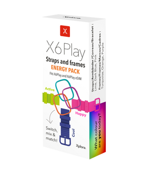 Energy tilbehørspakke- Förpackning med färgglada armband och ramar för Xplora X6Play – byt stil med Energy Pack!