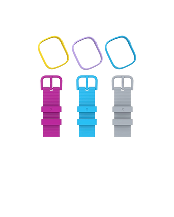 Xplora X6Play DreamStrap set med tre färgglada armband och matchande skyddande ramar i gult, lila och blått – byt stil på några sekunder.