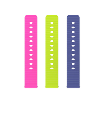 Tre energiska X6Play-armband i neonrosa, limegrön och midnattsblå – extra tillbehör för att matcha humör och outfit.