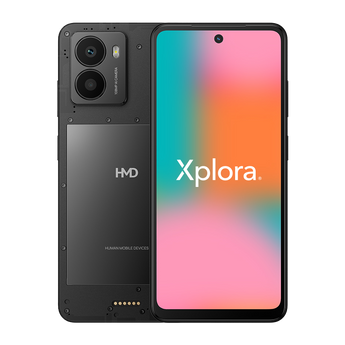 Framsida och baksida av Xplora Fusion X1 – smartphone med färgstark skärm, dubbla kameror och Xplora-logotyp.