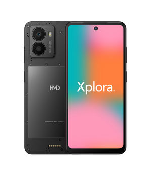 Framsida och baksida av Xplora Fusion X1 – smartphone med färgstark skärm, dubbla kameror och Xplora-logotyp.