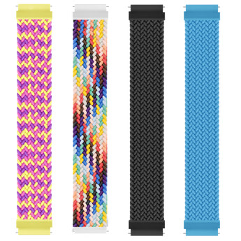 Fyra utbytbara flätade armband i färgerna rosa/gul/lila, regnbåge, svart och ljusblå.