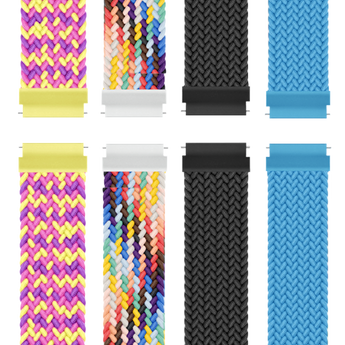 Fyra utbytbara flätade armband i färgerna rosa/gul/lila, regnbåge, svart och ljusblå.