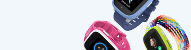 Xplora GPS smartklocka i olika färger – XGO3 i rosa och X6Play i blått og limegrøn med regnbågsfärgat armband, visar brett urval av modeller och stilar