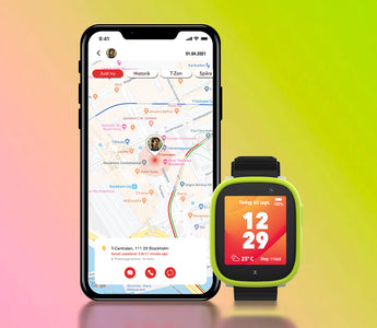 En grön Xplora smartklocka visas bredvid en smartphone med en kartvy och platsdelning aktiverad. Föräldrar kan se barnets position i realtid."