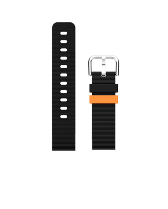 Xplora X6Play svart armband med orange detalj – slitstarkt, stilrent och enkelt att byta.