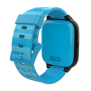 Bakifrån av en blå smartklocka med ett randigt band, designat för komfort och hållbarhet, perfekt för aktiva barn.