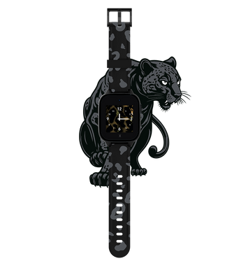 Schwarzes Smartwatch-Armband mit dezentem grauem Panther-Print, perfekt für einen modernen und eleganten Look.