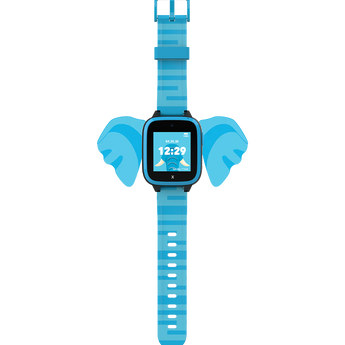 Blå smartklocka med ett randigt band och en rolig urtavla i analog stil med elefanttema, perfekt för barns vardagliga användning.