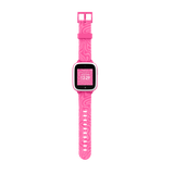 Xplora XGO3 barnsmartklocka i rosa med zebramönster – visad uppifrån i platt position. Skärmen visar tiden 12:29 med en rosa bakgrund.