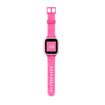 Xplora XGO3 barnsmartklocka i rosa med zebramönster – visad uppifrån i platt position. Skärmen visar tiden 12:29 med en rosa bakgrund.