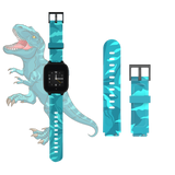 Närbild av turkos dinosauriemönstrat klockarmband, hållbart och coolt smartwatch-tillbehör.
