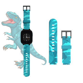Närbild av turkos dinosauriemönstrat klockarmband, hållbart och coolt smartwatch-tillbehör.