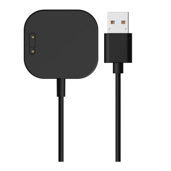 Svart magnetisk laddare med USB-kontakt för Xplora X6 Play. Visar laddplattan med två guldkontakter och en USB-A-kontakt för enkel anslutning.