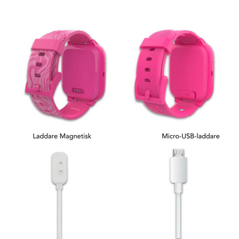 Två rosa smartklockor som visar olika laddningsalternativ: PoGo-laddare till vänster och Micro USB-laddare till höger.
