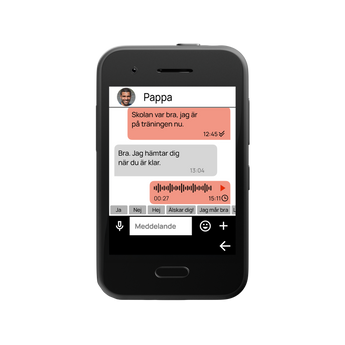 Chattskärm på XploraOne barntelefon med trygga text- och röstmeddelanden. Enkelt för barn att hålla kontakt – med full kontroll och översikt för föräldrar.