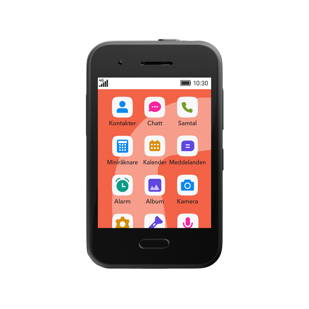 Huvudmeny på XploraOne barntelefon med ikoner för samtal, meddelanden, kalender och alarm.