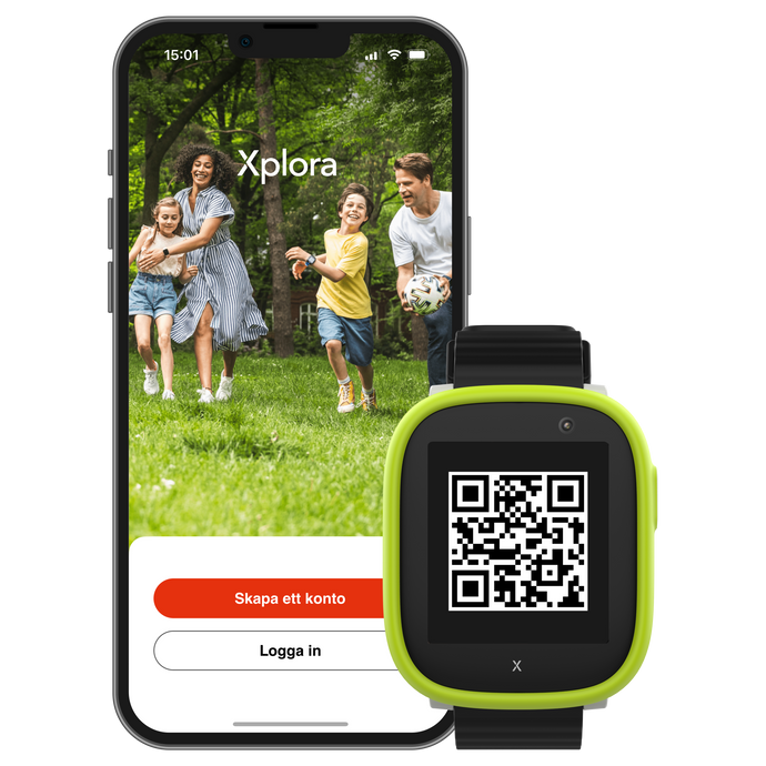 Mobilskärm med Xplora-app och QR-kod från Xplora-klocka – visa hur du aktiverar klockan.