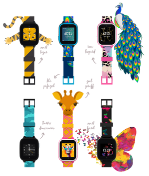 Färgglada klockarmband med djungeldjursteman – tiger, påfågel, leopard, dinosaurie, giraff och fjäril. Passar perfekt för barnsmartklockor.